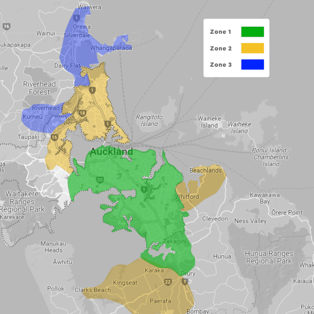 Auckland appliance repair service areas map showing Zone 1, Zone 2 and Zone 3 coverage